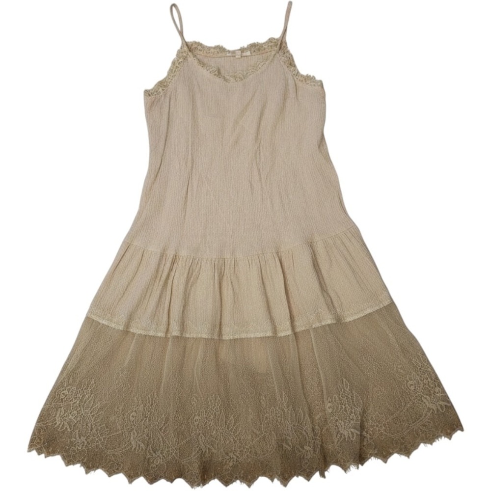Easel Womens Small Beige Lace Tiered Crinkle Boho Sleeveless Midi Dress Tan